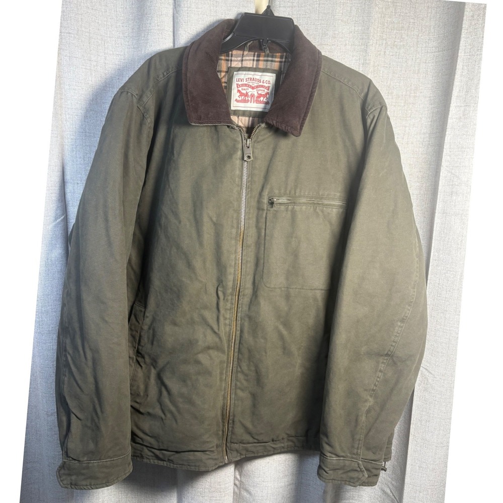Levi Strauss Mens Olive Green Canvas Field Jacket Plaid Lined Corduroy Collar